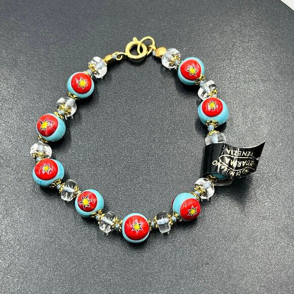 Darma Veiro Murano Venezia Italian 
Blue Red Glass Yellow Star Bracelet New - Picture 1 of 6